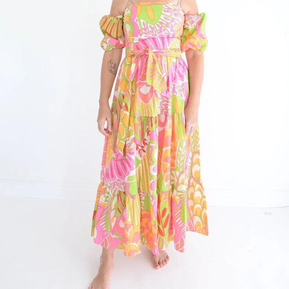 Flora Bea NYC Oly Pink Green Floral Tropicana Print Off Shoulder Maxi Dress S NW